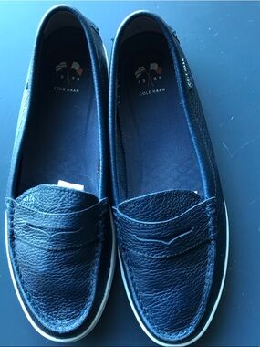 Cole Haan Navy Leather Penny Loafers with White Trim